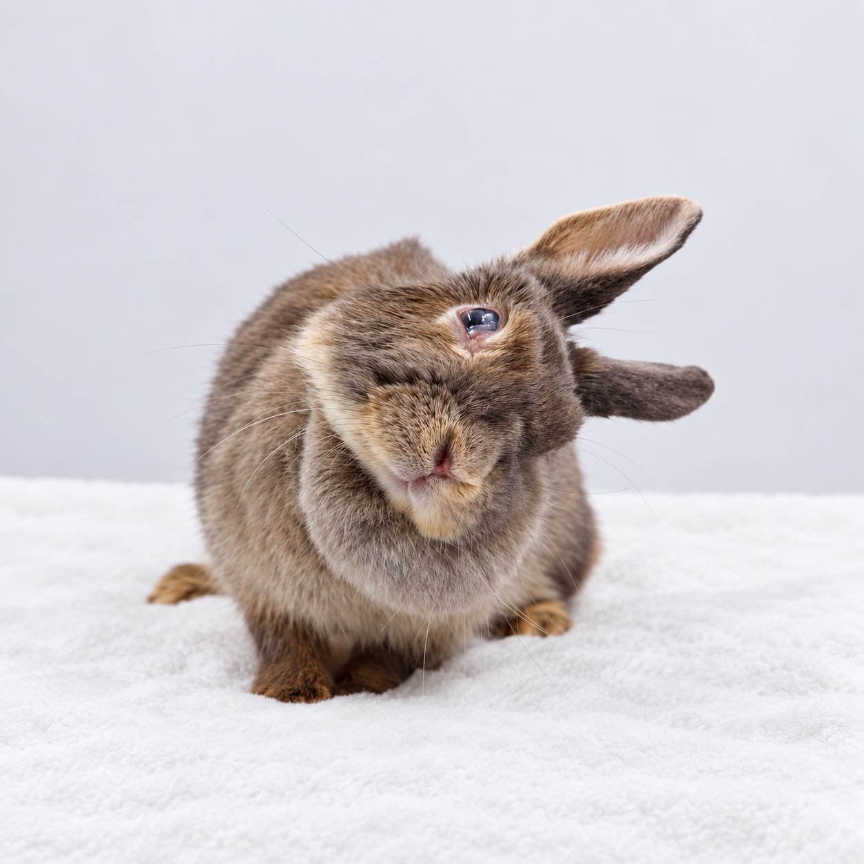 Un lapin brun à la tête inclinée sur une couverture blanche.